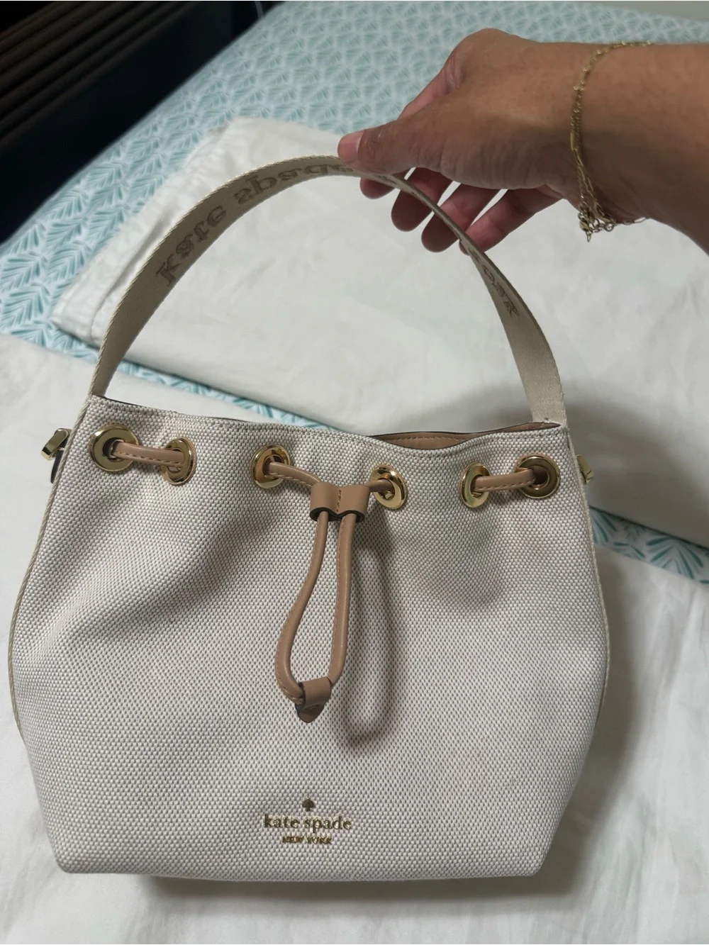 kate spade Cream Canvas Drawstring Shoulder Bag with Tan Accents - Picture 1 of 6